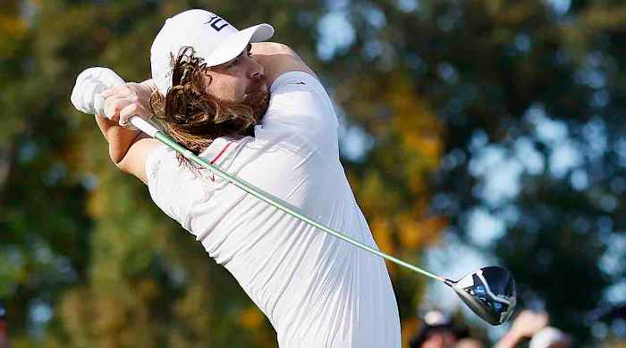 Kyle Berkshire watches his final 398-yard drive during the final round of the World Long Drive Championship at Bobby Jones Golf Course on Oct. 22, 2023 in Atlanta, Georgia.